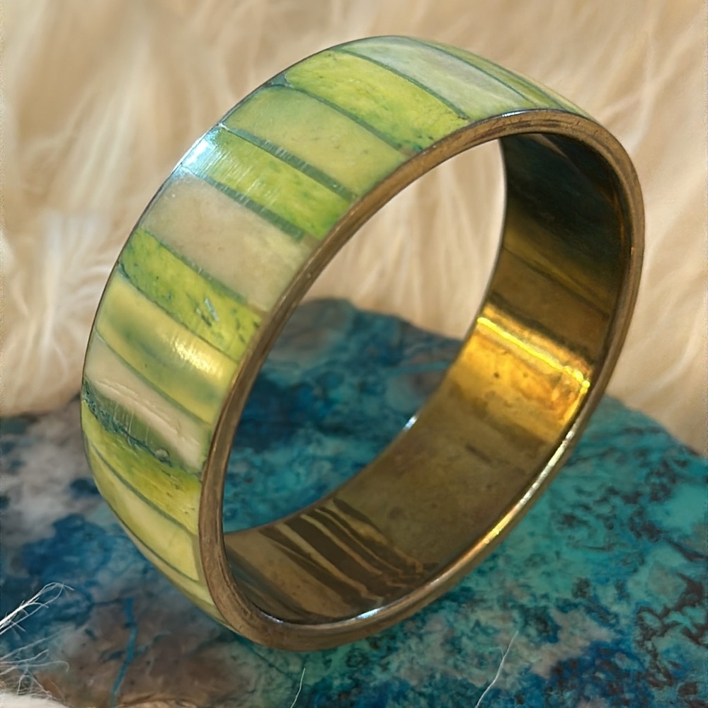 Shell Green Striped metal and shell Bangle Bracelet